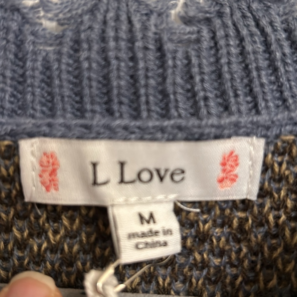 L Love Blue Gold Print Distressed Long Sleeve Acrylic Sweater Size Medium - Picture 8 of 9
